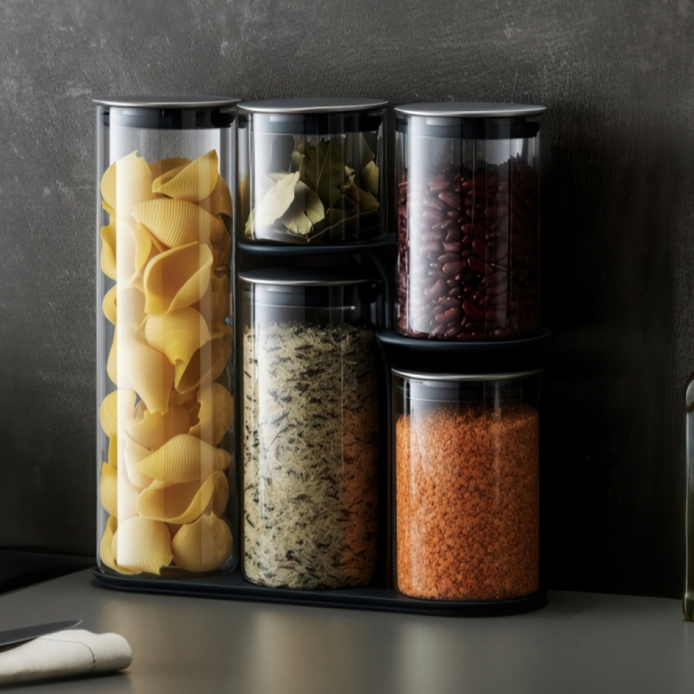 Glass Container Set in stand, 5-piece, PODIUM EASY-ACCESS, Joseph Joseph, Clear / Silver in the group Storage / Kitchen storage / Storage jars at SmartaSaker.se (40341)