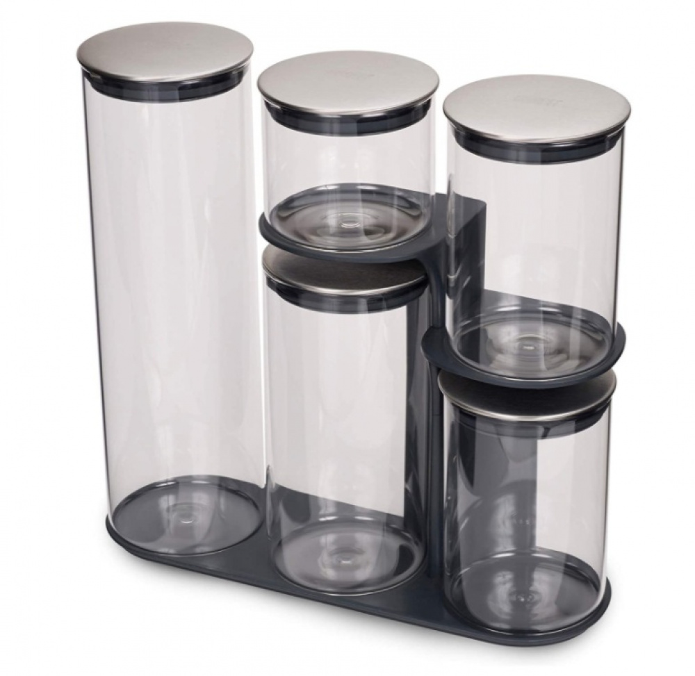 Glass Container Set in stand, 5-piece, PODIUM EASY-ACCESS, Joseph Joseph, Clear / Silver in the group Storage / Kitchen storage / Storage bins and jars at SmartaSaker.se (40341)