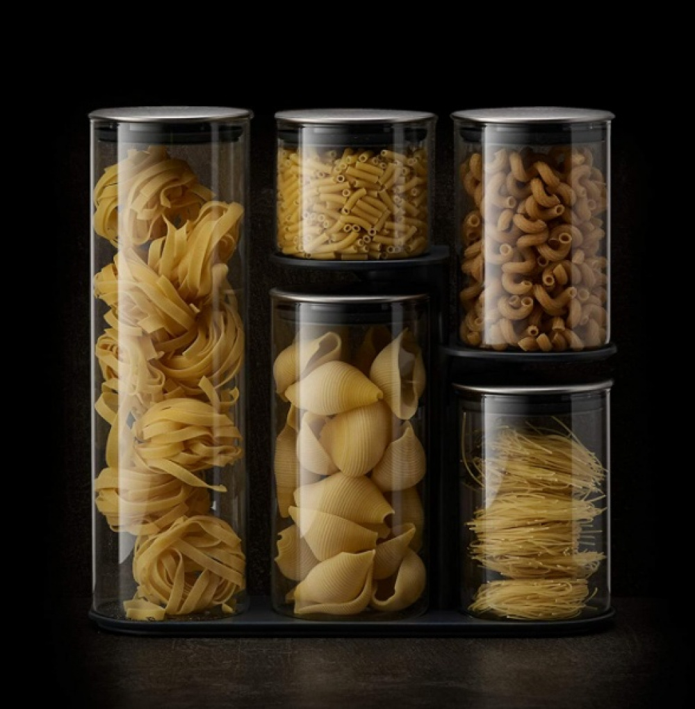 Glass Container Set in stand, 5-piece, PODIUM EASY-ACCESS, Joseph Joseph, Clear / Silver in the group Storage / Kitchen storage / Storage bins and jars at SmartaSaker.se (40341)