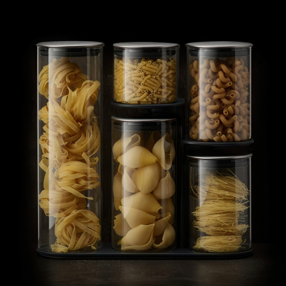 Glass Container Set in stand, 5-piece, PODIUM EASY-ACCESS, Joseph Joseph, Clear / Silver in the group Storage / Kitchen storage / Storage jars at SmartaSaker.se (40341)