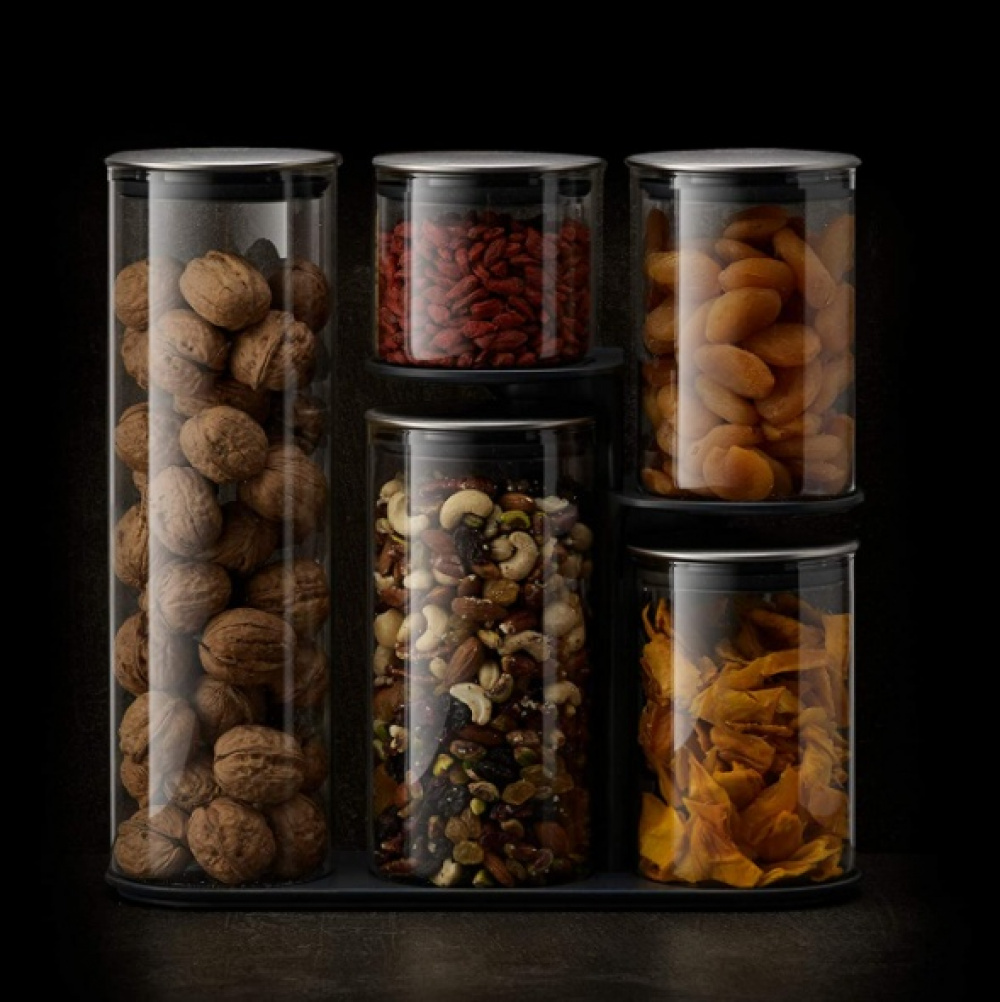Glass Container Set in stand, 5-piece, PODIUM EASY-ACCESS, Joseph Joseph, Clear / Silver in the group Storage / Kitchen storage / Storage bins and jars at SmartaSaker.se (40341)