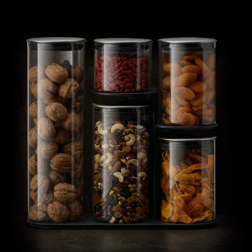 Glass Container Set in stand, 5-piece, PODIUM EASY-ACCESS, Joseph Joseph, Clear / Silver in the group Storage / Kitchen storage / Storage jars at SmartaSaker.se (40341)