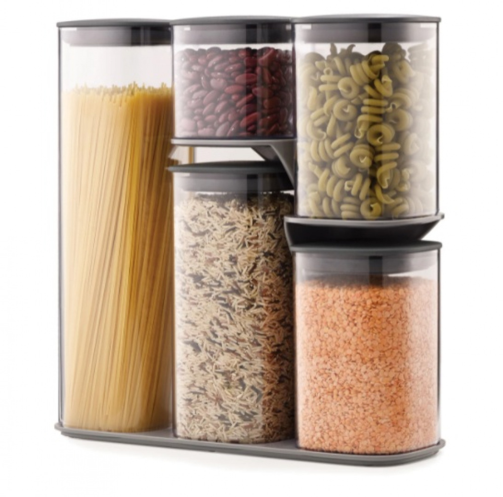 Container Set in stand, 5-piece, PODIUM EASY-ACCESS, Joseph Joseph, Clear / Grey in the group Storage / Kitchen storage / Storage bins and jars at SmartaSaker.se (40343)