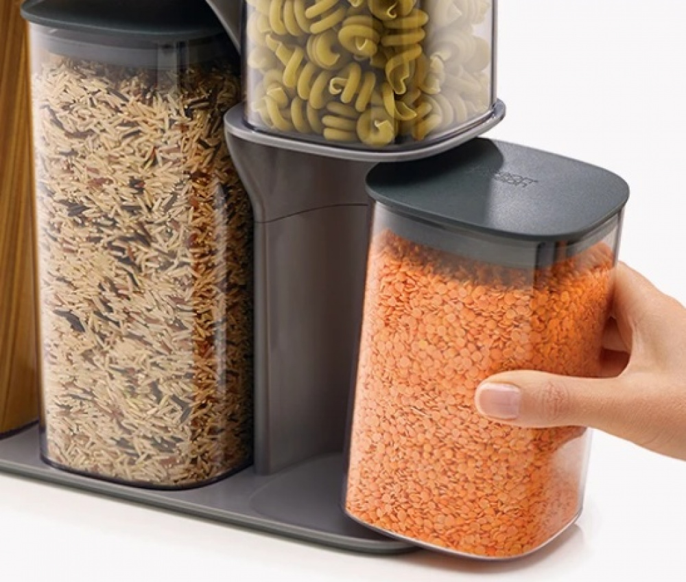 Container Set in stand, 5-piece, PODIUM EASY-ACCESS, Joseph Joseph, Clear / Grey in the group Storage / Kitchen storage / Storage bins and jars at SmartaSaker.se (40343)