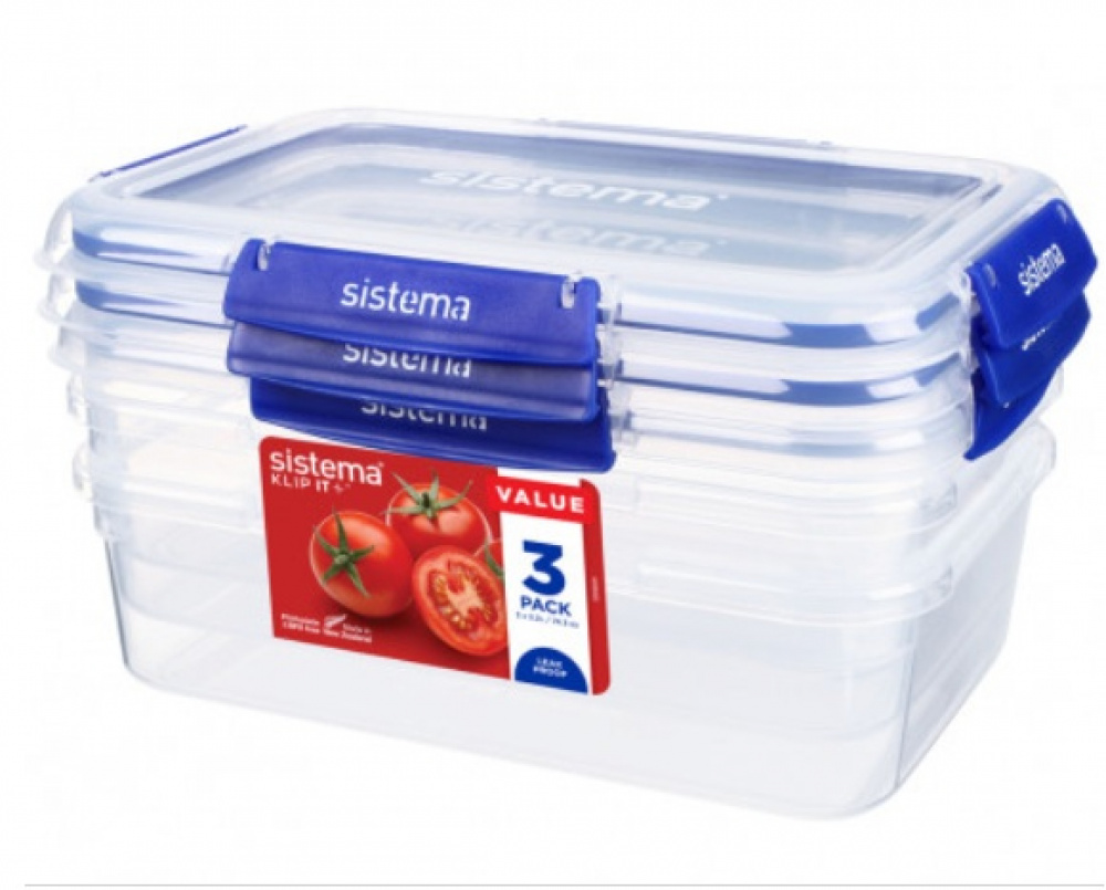 Food boxes, 2,2 L, Set of 3, KLIP IT PLUS RECTANGLE, 25,5 x 17,5 x H 8 cm, Clear / Blue in the group Storage / Kitchen storage / Storage bins and jars / Sistema at SmartaSaker.se (40348)