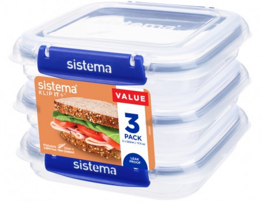 Food boxes, Square, 520 ml, Set of 3, KLIP IT PLUS SANDWICH SPECIAL, Transparent / Blue in the group Storage / Kitchen storage / Food containers / Plastic at SmartaSaker.se (40349)