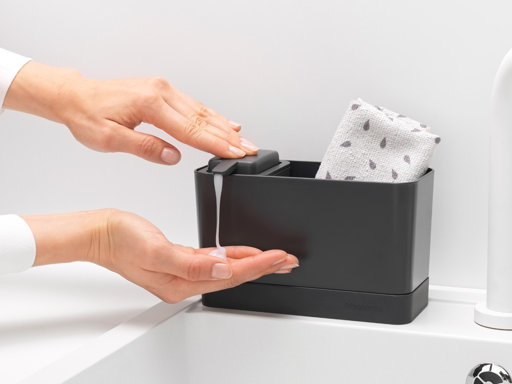Sink tidy with Soap Dispenser, SINK ORGANISER SET, 8,5 x 19 x H 11,5 cm, Brabantia, Dark Grey in the group Storage / Kitchen storage / Dish racks and sink accessories at SmartaSaker.se (40401)