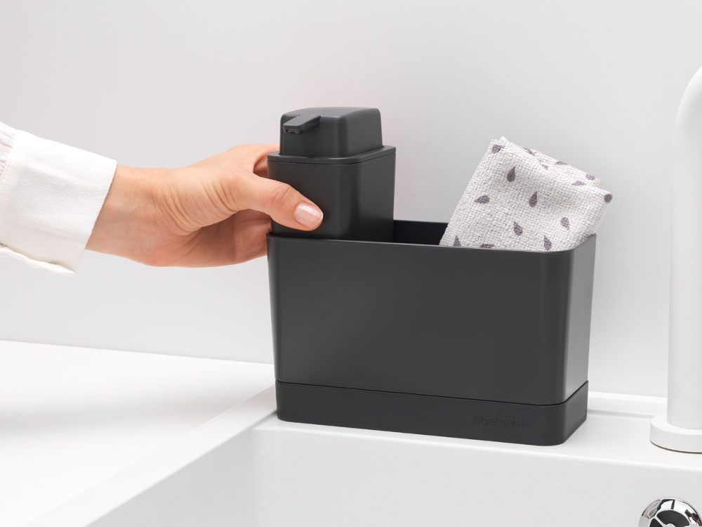 Sink tidy with Soap Dispenser, SINK ORGANISER SET, 8,5 x 19 x H 11,5 cm, Brabantia, Dark Grey in the group Storage / Kitchen storage / Dish racks and sink accessories at SmartaSaker.se (40401)