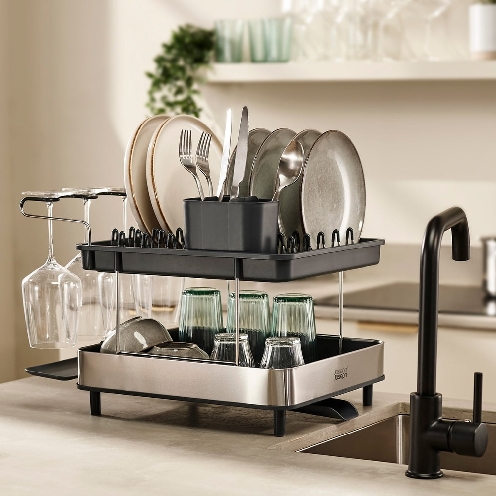 Dish Rack, EXCEL STEEL 2-TIER, 46,5 x 31,5 x H 32 cm, Joseph Joseph, Silver / Grey in the group Storage / Kitchen storage / Dish racks and sink accessories at SmartaSaker.se (40454)