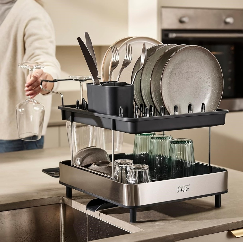 Dish Rack, EXCEL STEEL 2-TIER, 46,5 x 31,5 x H 32 cm, Joseph Joseph, Silver / Grey in the group Storage / Kitchen storage / Dish racks and sink accessories at SmartaSaker.se (40454)