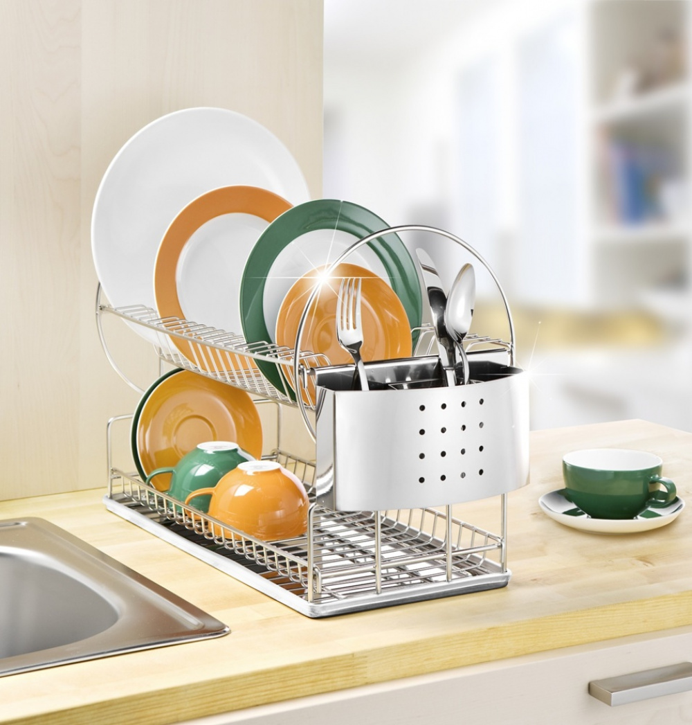 Dish Rack, 2 levels, cutlery basket, EXCLUSIVE DUO, 45 x 23 x H36 cm, stainless steel in the group Storage / Kitchen storage / Dish racks and sink accessories at SmartaSaker.se (40462)