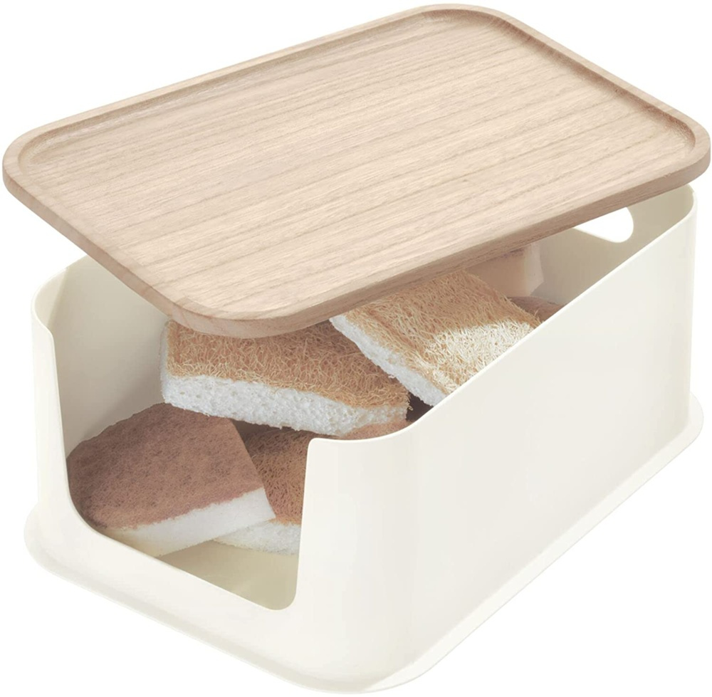 Storage Bin with wooden lid, ECO OPEN FRONT, 21,5 x 30,5 x H 14 cm, Offwhite / Nature in the group Storage / Kitchen storage / Kitchen cabinet organizers at SmartaSaker.se (40827)