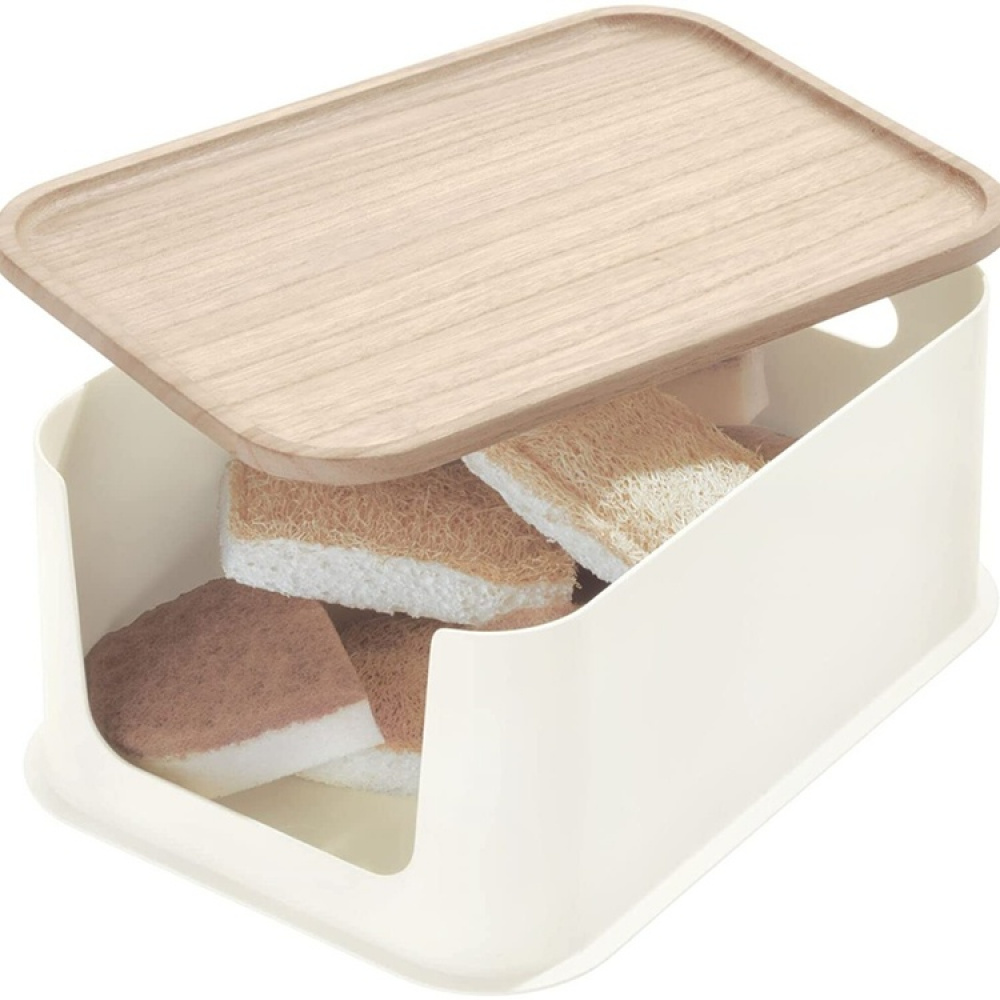 Storage Bin with wooden lid, ECO OPEN FRONT, 21,5 x 30,5 x H 14 cm, Offwhite / Nature in the group Storage / Kitchen storage / Kitchen cabinet organizers at SmartaSaker.se (40827)