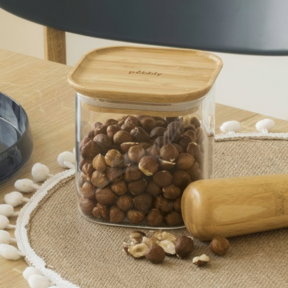 Glass Canister, 0,8 L, PEBBLY SQUARE SMALL, Clear / Bamboo in the group Storage / Kitchen storage / Storage jars at SmartaSaker.se (41012)