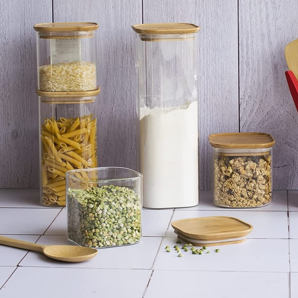 Glass Canister, 0,8 L, PEBBLY SQUARE SMALL, Clear / Bamboo in the group Storage / Kitchen storage / Storage jars at SmartaSaker.se (41012)
