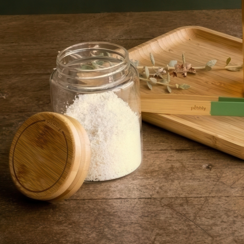 Jar with Bamboo Lid, 450 ml, PEBBLY SMALL ROUND POT, Ø 8 x H 12 cm, Clear / Nature in the group Storage / Kitchen storage / Storage jars at SmartaSaker.se (41020)