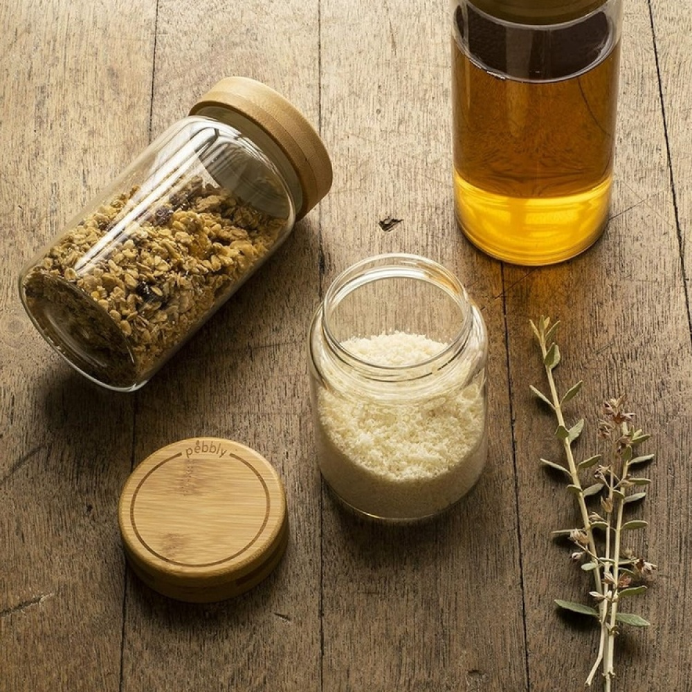 Jar with Bamboo Lid, PEBBLY MEDIUM ROUND POT, Ø 8,5 x H 17 cm, Clear / Nature in the group Storage / Kitchen storage / Food containers / Glass lunch boxes at SmartaSaker.se (41021)