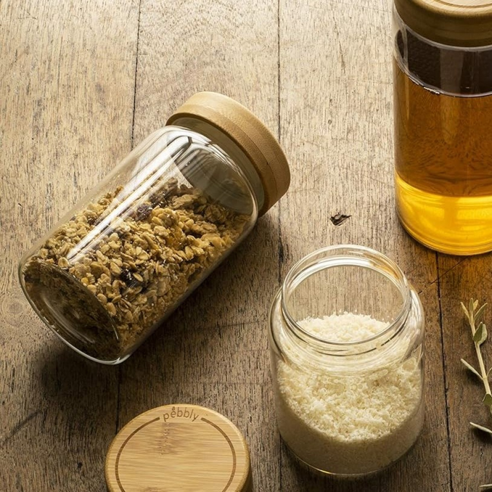 Jar with Bamboo Lid, PEBBLY MEDIUM ROUND POT, Ø 8,5 x H 17 cm, Clear / Nature in the group Storage / Kitchen storage / Food containers / Glass at SmartaSaker.se (41021)