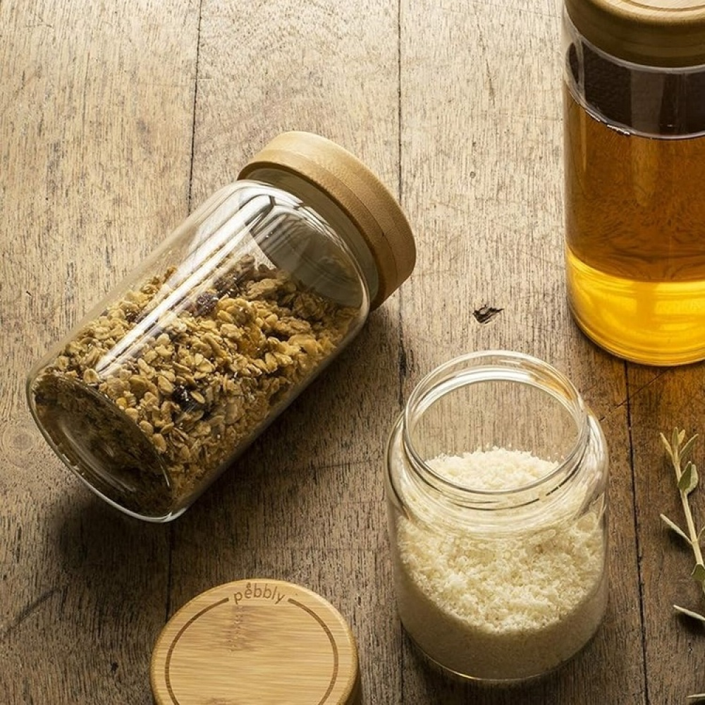 Jar with Bamboo Lid, PEBBLY MEDIUM ROUND POT, Ø 8,5 x H 17 cm, Clear / Nature in the group Storage / Kitchen storage / Food containers / Glass lunch boxes at SmartaSaker.se (41021)