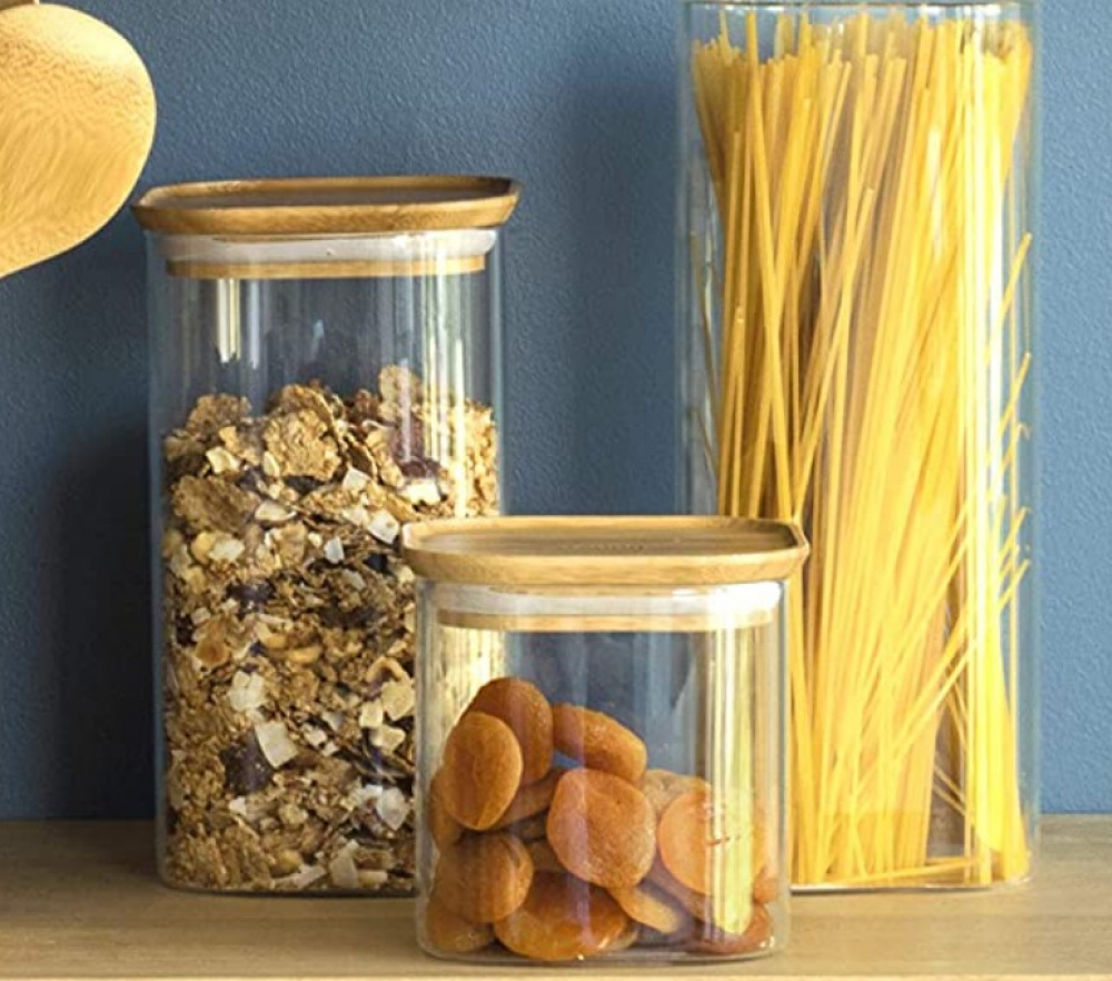 Glass Canisters, 0,8 L, Set of 3, PEBBLY SQUARE SMALL, Clear / Bamboo in the group Storage / Kitchen storage / Storage bins and jars at SmartaSaker.se (41024)