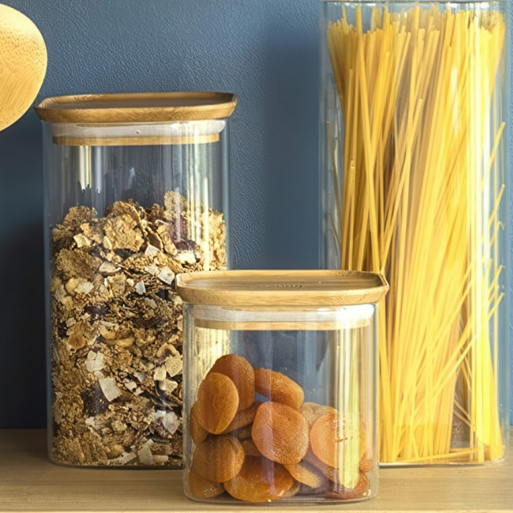 Glass Canisters, 0,8 L, Set of 3, PEBBLY SQUARE SMALL, Clear / Bamboo in the group Storage / Kitchen storage / Storage jars at SmartaSaker.se (41024)