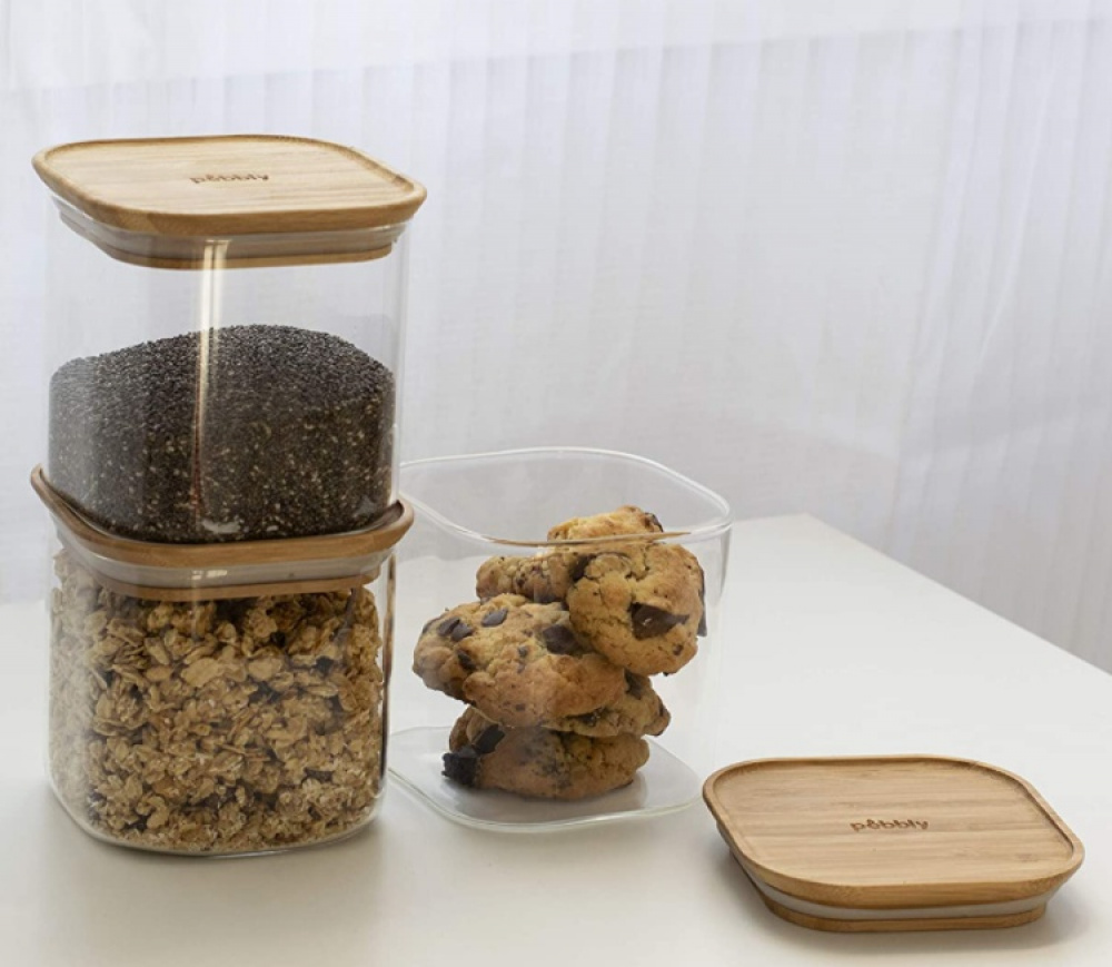 Glass Canisters, 0,8 L, Set of 3, PEBBLY SQUARE SMALL, Clear / Bamboo in the group Storage / Kitchen storage / Storage bins and jars at SmartaSaker.se (41024)