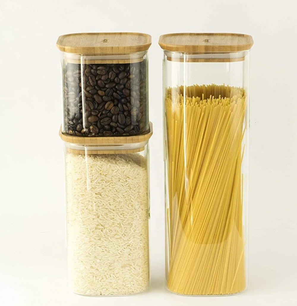 Glass Canisters, 0,8 L, Set of 3, PEBBLY SQUARE SMALL, Clear / Bamboo in the group Storage / Kitchen storage / Storage bins and jars at SmartaSaker.se (41024)