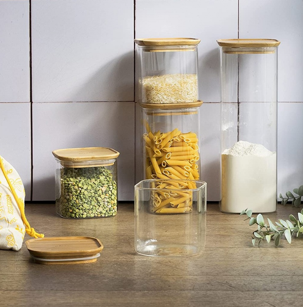 Glass Canisters, 0,8 L, Set of 3, PEBBLY SQUARE SMALL, Clear / Bamboo in the group Storage / Kitchen storage / Storage bins and jars at SmartaSaker.se (41024)