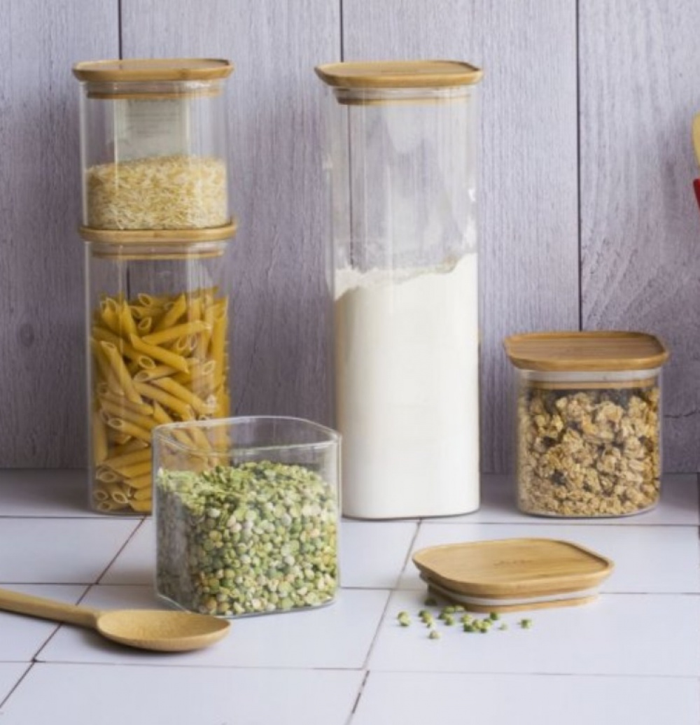 Glass Canisters, 0,8 L, Set of 3, PEBBLY SQUARE SMALL, Clear / Bamboo in the group Storage / Kitchen storage / Storage bins and jars at SmartaSaker.se (41024)