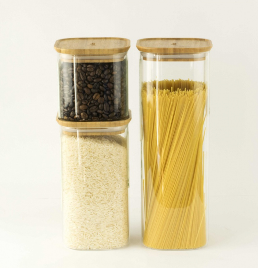 Glass Canisters, , Set of 3, PEBBLY SQUARE MIX, Clear / Bamboo in the group Storage / Kitchen storage / Storage bins and jars at SmartaSaker.se (41025)