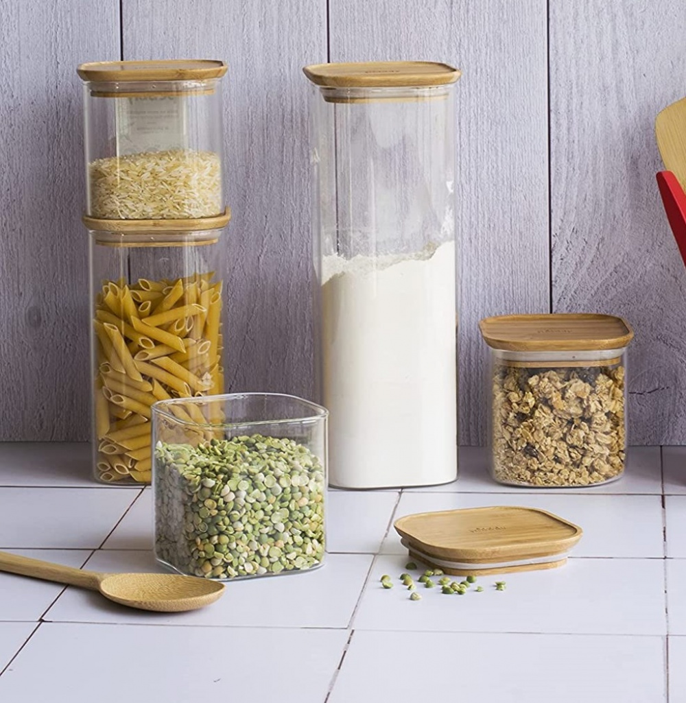 Glass Canisters, , Set of 3, PEBBLY SQUARE MIX, Clear / Bamboo in the group Storage / Kitchen storage / Storage bins and jars at SmartaSaker.se (41025)