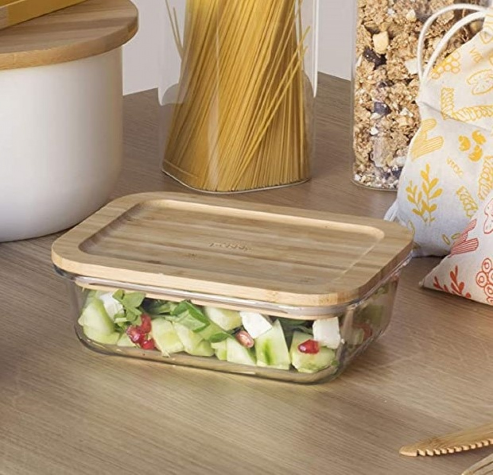 Glas Container with Bamboo Lid, 650ml, PEBBLY SMALL COOK & STORE, 17 x 12,5 x H6 cm, Clear / Nature in the group Storage / Kitchen storage / Food containers / Glass at SmartaSaker.se (41031)