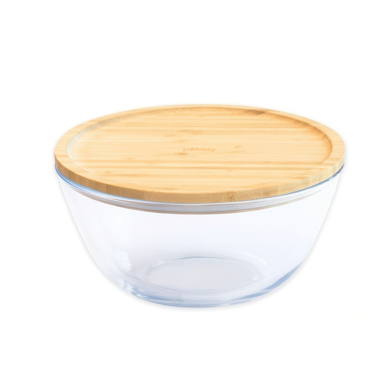Glas Bowl with Bamboo Lid, 1,6L, PEBBLY MEDIUM ECO FRIENDLY BOWL, Ø 19 x H 11 cm, Clear / Nature in the group Storage / Kitchen storage / Storage jars at SmartaSaker.se (41032)
