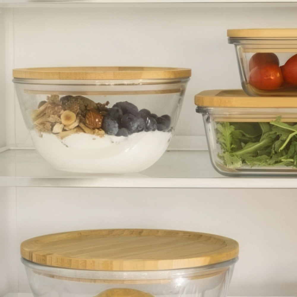 Glas Bowl with Bamboo Lid, 770ml, PEBBLY SMALL ECO FRIENDLY BOWL, Ø 15 x H 9 cm, Clear / Nature in the group Storage / Kitchen storage / Storage jars at SmartaSaker.se (41035)