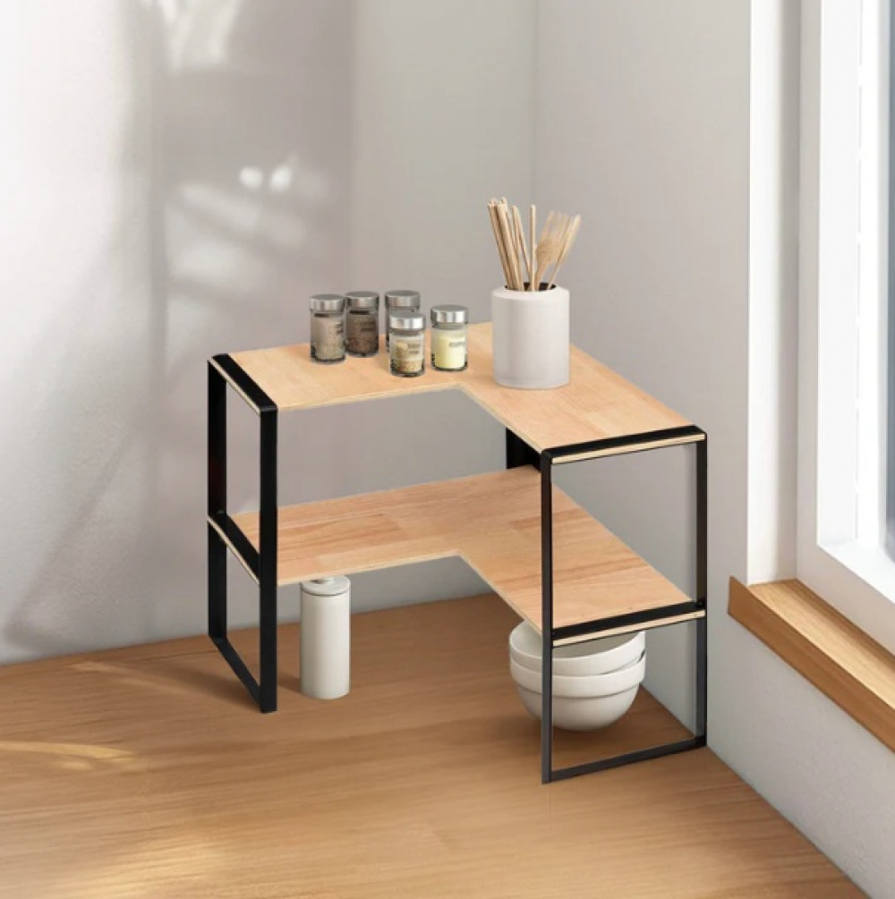 Mini 2-tier shelf, BLACK & WOOD CORNER RACK, 40 x 40 x H 35 cm, Natural / Black in the group Storage / Kitchen storage / Kitchen cabinet organizers at SmartaSaker.se (41168)