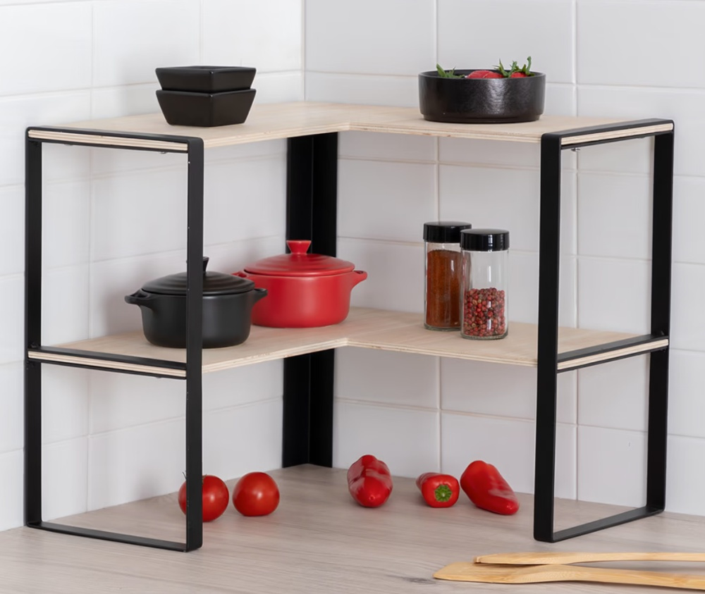 Mini 2-tier shelf, BLACK & WOOD CORNER RACK, 40 x 40 x H 35 cm, Natural / Black in the group Storage / Kitchen storage / Kitchen cabinet organizers at SmartaSaker.se (41168)