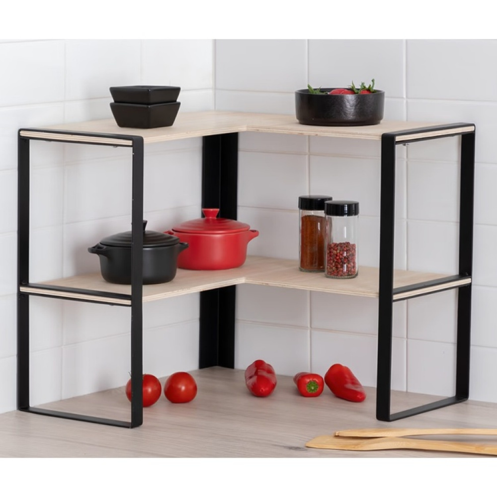 Mini 2-tier shelf, BLACK & WOOD CORNER RACK, 40 x 40 x H 35 cm, Natural / Black in the group Storage / Kitchen storage / Kitchen cabinet organizers at SmartaSaker.se (41168)