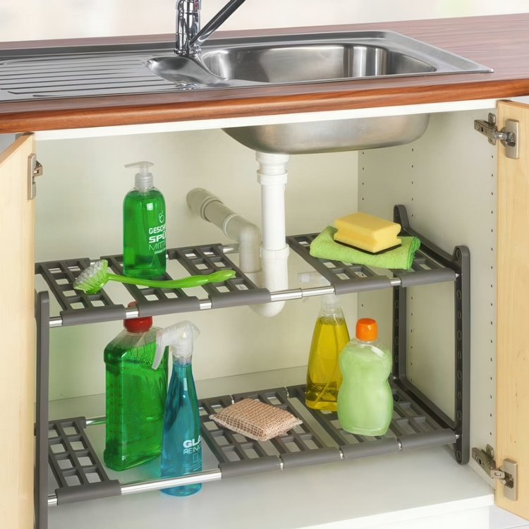 Under Sink Storage, Extendable, FLEXI UNDER-SINK SHELF, 45 - 80 cm, Grey in the group Storage / Kitchen storage / Kitchen cabinet organizers / Under sink storage at SmartaSaker.se (41174)