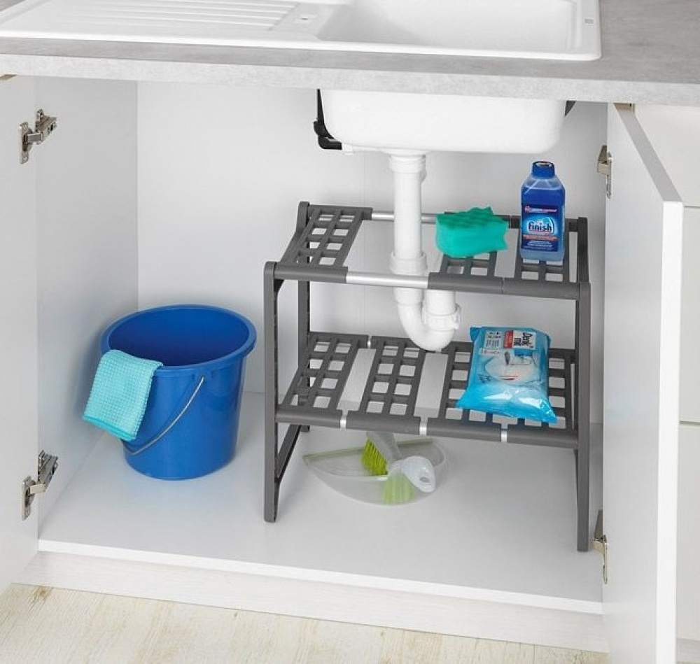 Under Sink Storage, Extendable, FLEXI UNDER-SINK SHELF, 45 - 80 cm, Grey in the group Storage / Kitchen storage / Kitchen cabinet organizers / Under sink storage at SmartaSaker.se (41174)