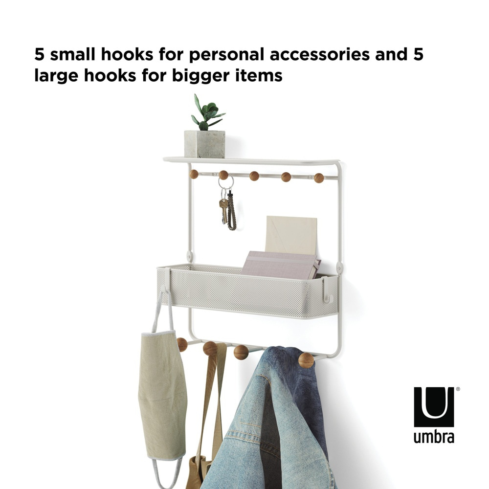  Shelf with 10 hooks, ESTIQUE, Umbra, 32 x 10 x H 31 cm, White / Nature in the group Storage / Hallway storage / Hooks and hangers at SmartaSaker.se (41187)