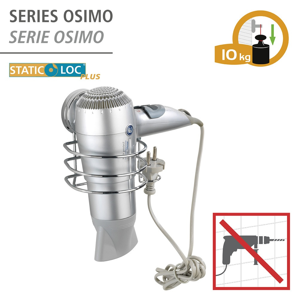Holder for Hairdryer, Self-Adhesive, OSIMO STATIC-LOC, Silver in the group Storage / Bathroom storage at SmartaSaker.se (41211)