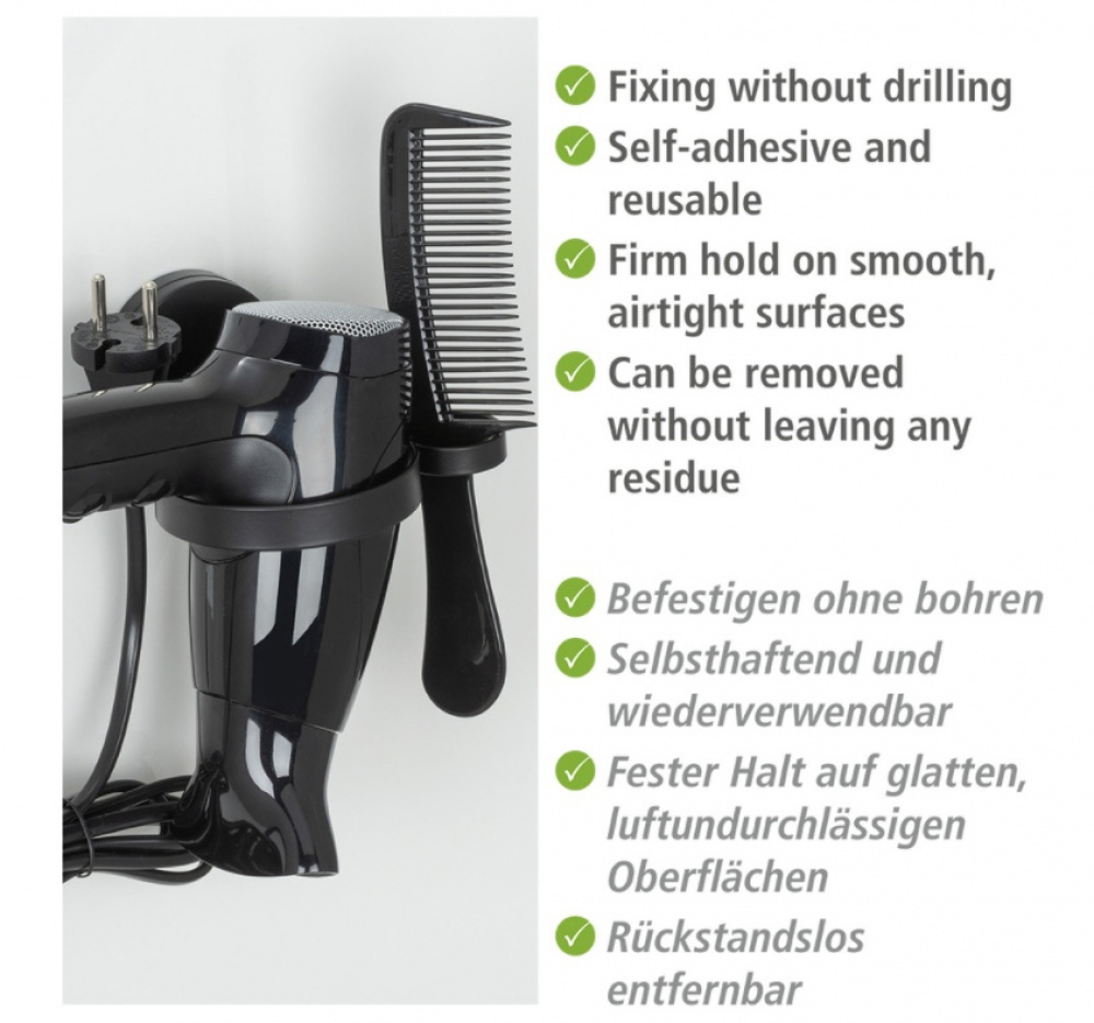 Holder for Hairdryer, Self-Adhesive, PAVIA STATIC-LOC, Black in the group Storage / Bathroom storage at SmartaSaker.se (41212)