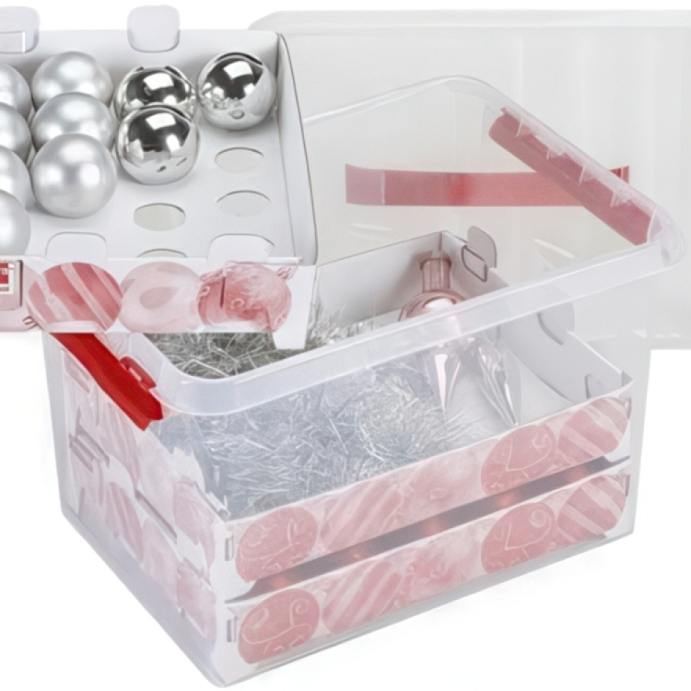 Storage box, With handle, 22L, CHRISTMAS ORNAMENTS, 40 x 30 x H 26 cm, Clear / red in the group Storage / Storage room and garage at SmartaSaker.se (41725)