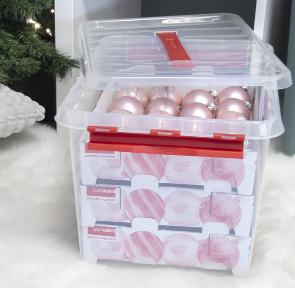 Storage box, With handle, 22L, CHRISTMAS ORNAMENTS, 40 x 30 x H 26 cm, Clear / red in the group Storage / Storage room and garage at SmartaSaker.se (41725)