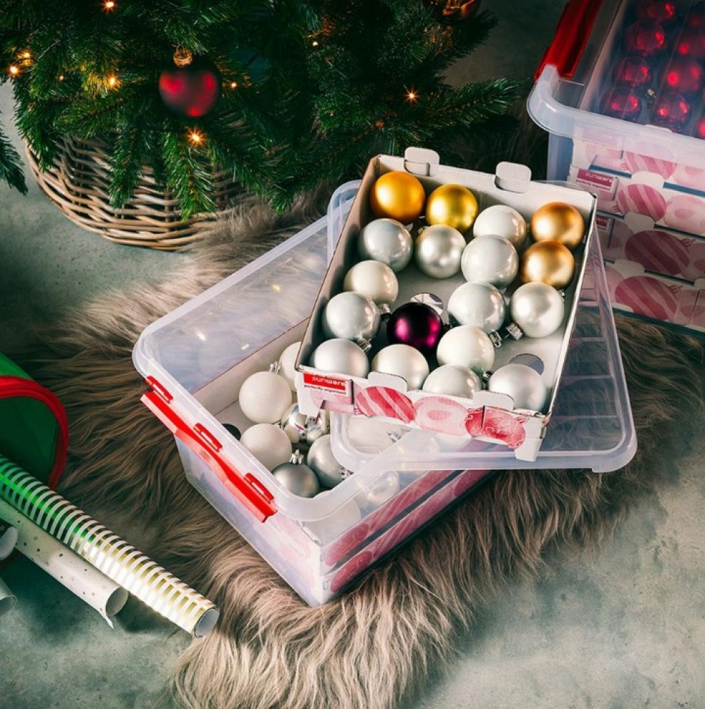 Storage box, With handle, 22L, CHRISTMAS ORNAMENTS, 40 x 30 x H 26 cm, Clear / red in the group Storage / Storage room and garage at SmartaSaker.se (41725)