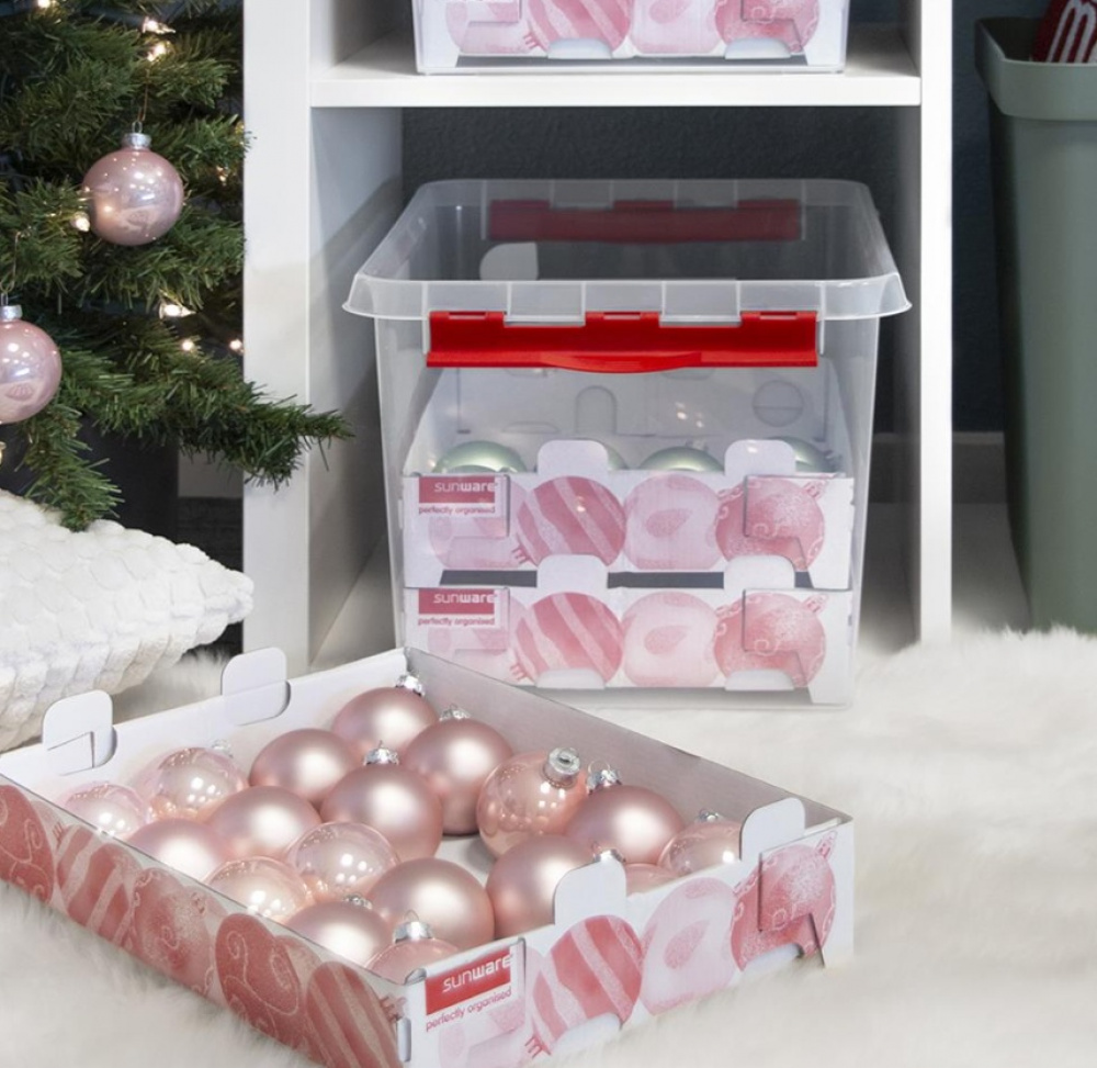 Storage box, With handle, 22L, CHRISTMAS ORNAMENTS, 40 x 30 x H 26 cm, Clear / red in the group Storage / Storage room and garage at SmartaSaker.se (41725)