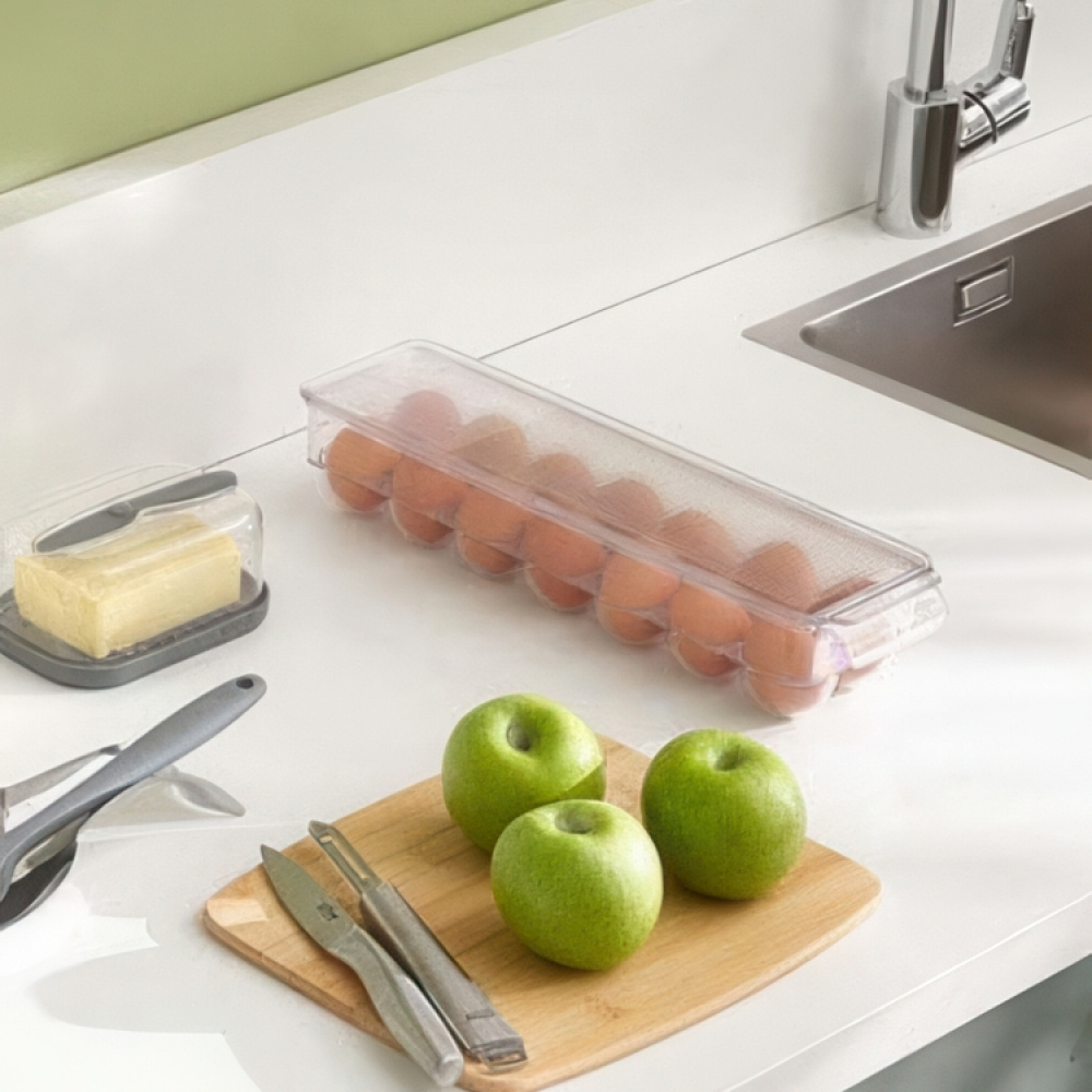 Fridge storage with lid, for 14 Eggs, Slim, RANGEMENT FRIGO, 37 x 11 x H 7,6 cm, Clear in the group Storage / Kitchen storage / Fridge storage at SmartaSaker.se (41727)