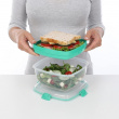 Lunch box, SALAD + SANDWICH TO GO, 19 x 19 x H 10 cm. Clear / Minty Teal Lunch box, SALAD + SANDWICH TO GO, 19 x 19 x H 10 cm. Clear / Minty Teal