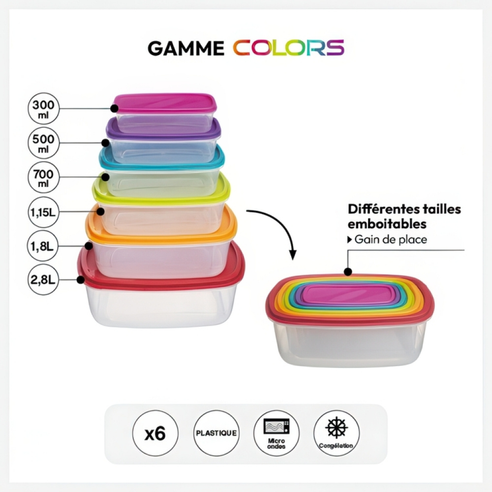 Food Storage boxes, Set of 6, SMART COLORED NEST RECTANGULAR, Clear / Multicolored in the group Storage / Kitchen storage / Food containers / Plastic lunch boxes at SmartaSaker.se (42204)