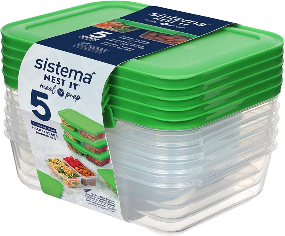Food Storage boxes, 2 Compartments, Set of 5, SISTEMA NEST IT, 19 x 14,5 x H 5,5 cm, Clear / Green in the group Storage / Kitchen storage / Food containers / SmartStore food containers at SmartaSaker.se (42209)